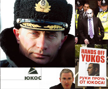Frente al enemigo: Putin (arriba) escruta con rayo láser las actividades de los oligarcas. Berezovski, con una máscara con la cara de Putin, a la salida de un juzgado de Londres (arriba, a la derecha), donde más tarde 