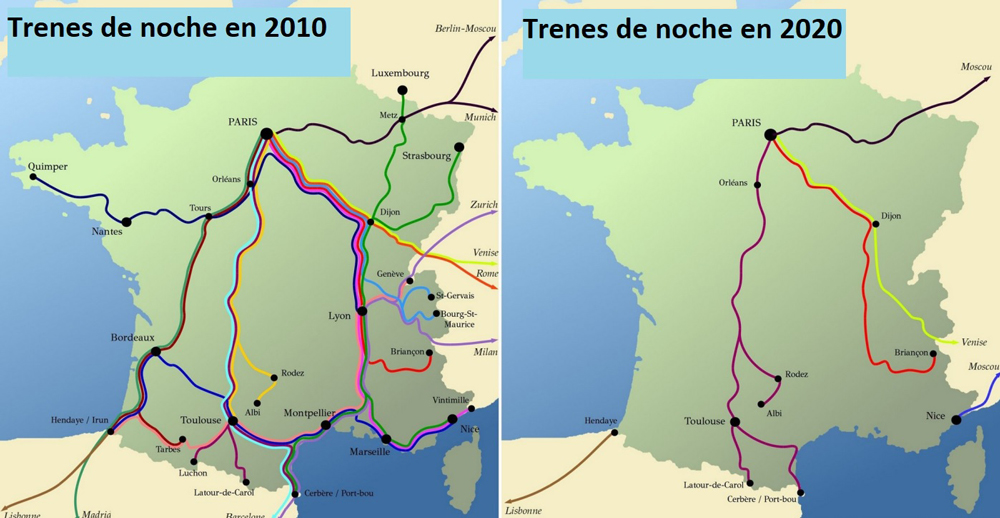 Evolución de la red de trenes nocturnos de Francia entre 2010 y 2020