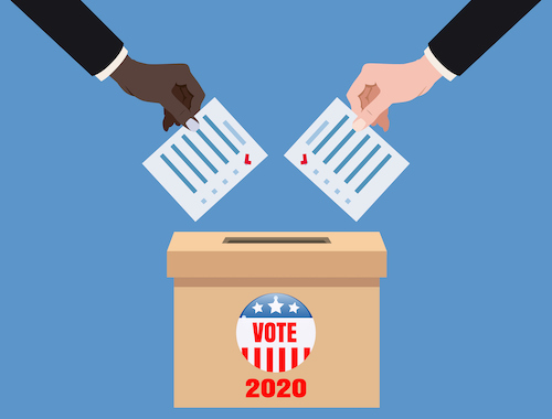 The US presidential election 2020. Hands putting voting blancs papers in vote box, ballot campaign. Vector isolated illustration