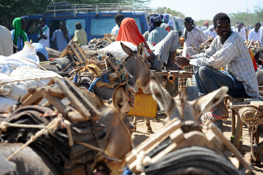 Porteadores alrededor de los puestos de distribución de alimentos, esperando para transportar la carga. Campo de refugiados de Dadaab, Kenia, 2012. Fuente: Programa Mundial de Alimentos/Diego Fernández